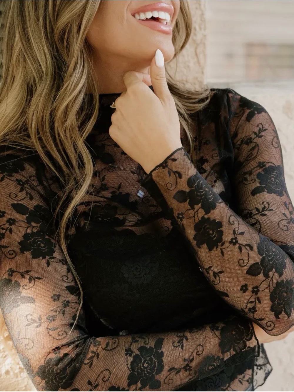 Sheer Floral Lace Mock Neck Blouse - Black